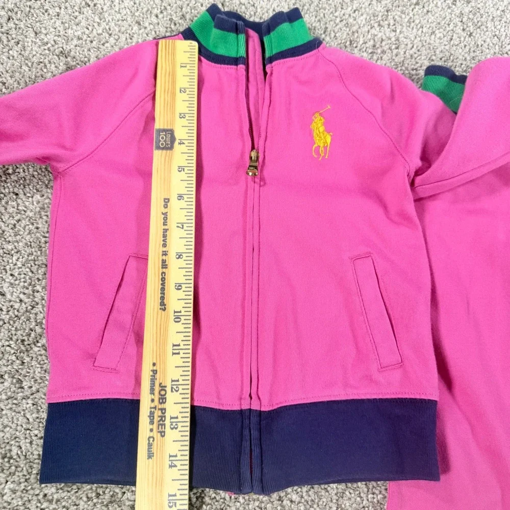 Ralph Lauren Girls Pink Navy Tracksuit Set Jacket Flare Pants 4 4T Sporty Preppy